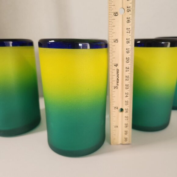 SET 6 HAND BLOWN MEXICAN GLASS TUMBLERS FROSTED YELLOW GREEN BLUE RIM - Picture 8 of 9